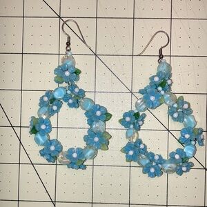 vintage 1960s beaded floral earrings Mrs Roper style - blue and green acrylic